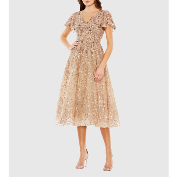 Mac Duggal 20392 Womens Size 6 Beige Taupe Embellished Midi Tulle Sequin Dress - Picture 2 of 4